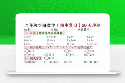 二年级下册数学(期中复习)20天冲刺