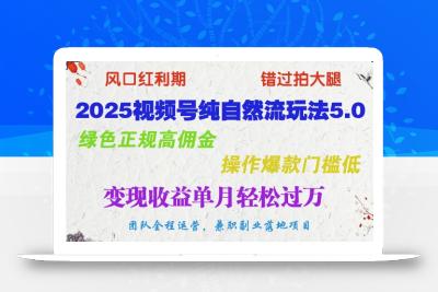 2025视频号纯自然流玩法5.0，绿色正规高佣金，操作爆款门槛低，变现收益单月轻松过万